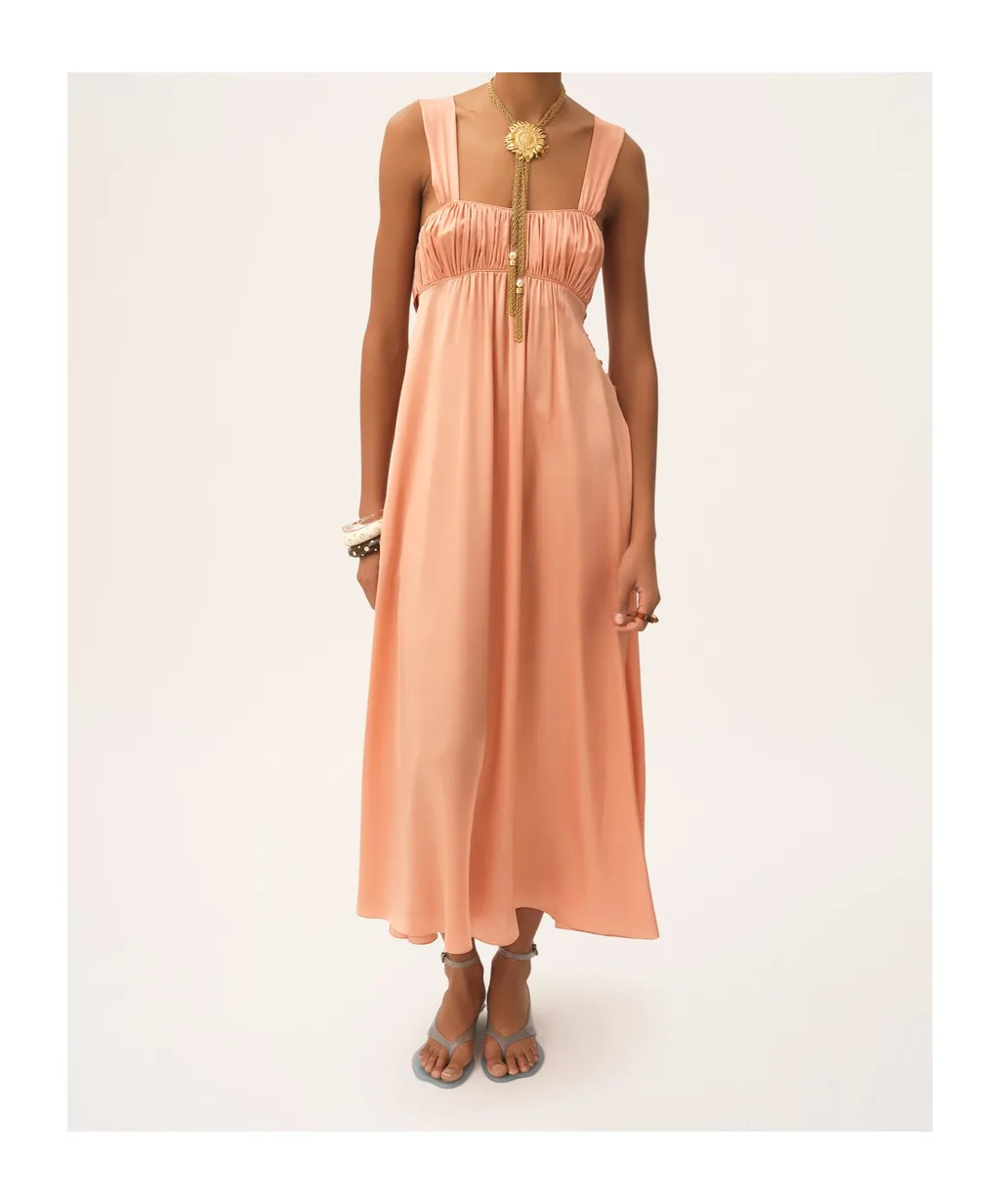 Sleeveless Ruched Long Dress In Silk Satin