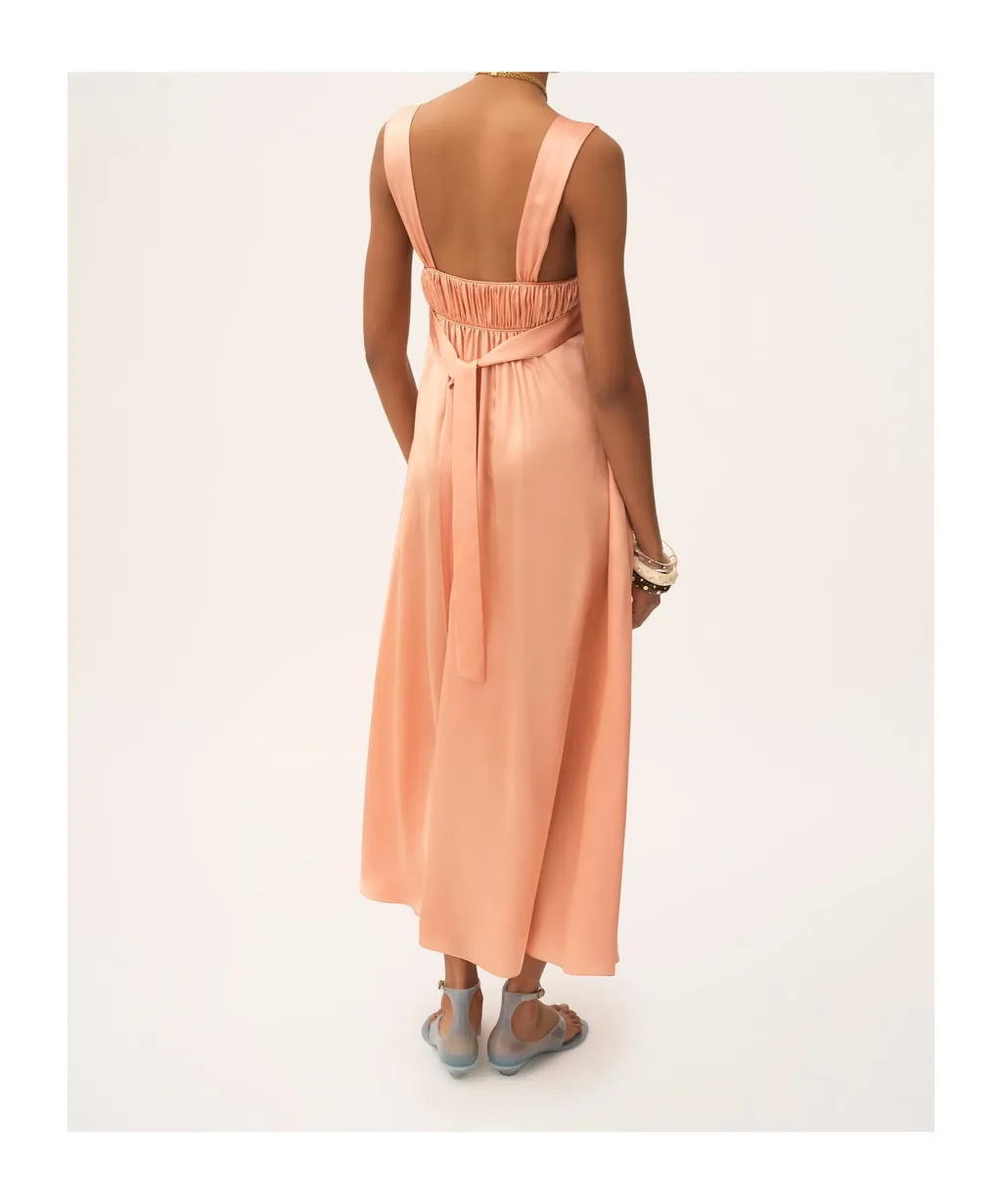 Sleeveless Ruched Long Dress In Silk Satin
