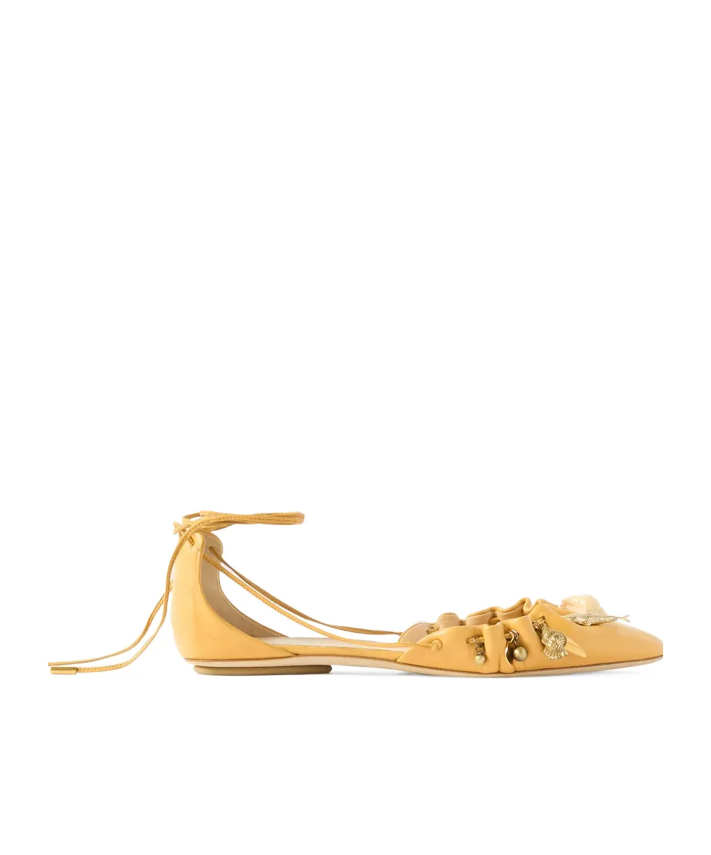 Ruched Embellished Pointed-Toe Ballet Flats