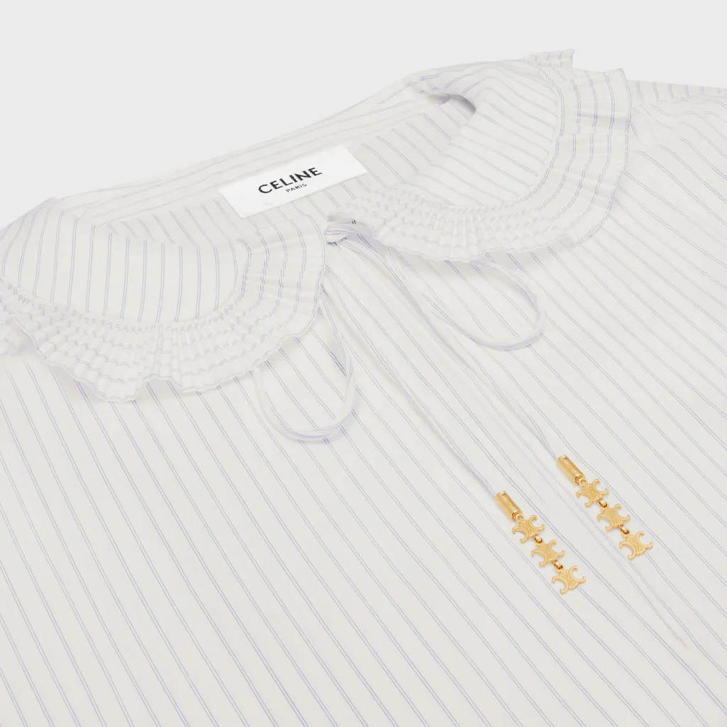 Blouse With Frilled Claudine Collar In Striped Silk