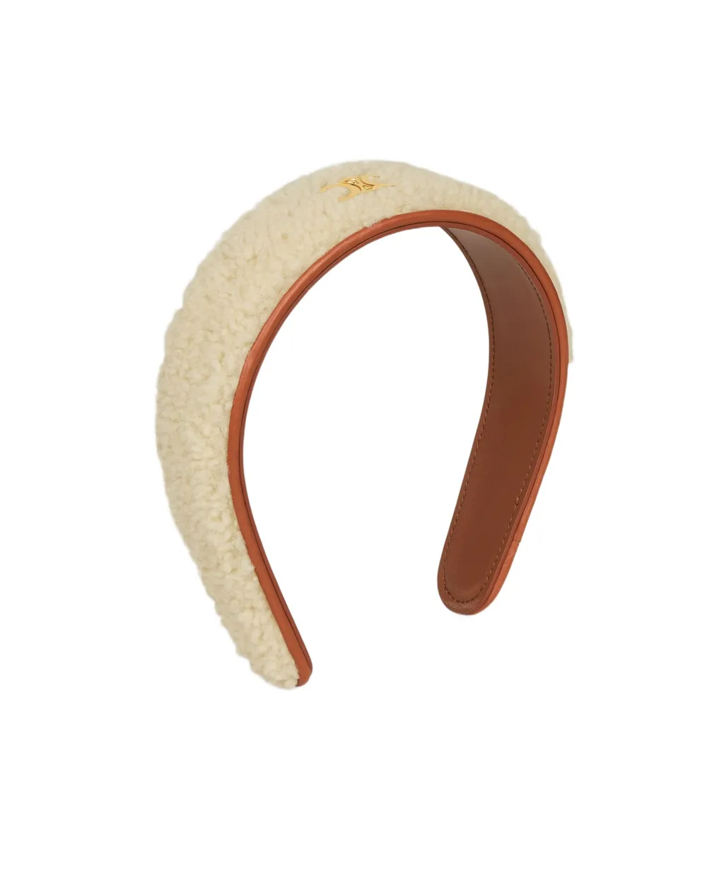 Triomphe Headband In Shearling, Calfskin And Brass With Gold Finish