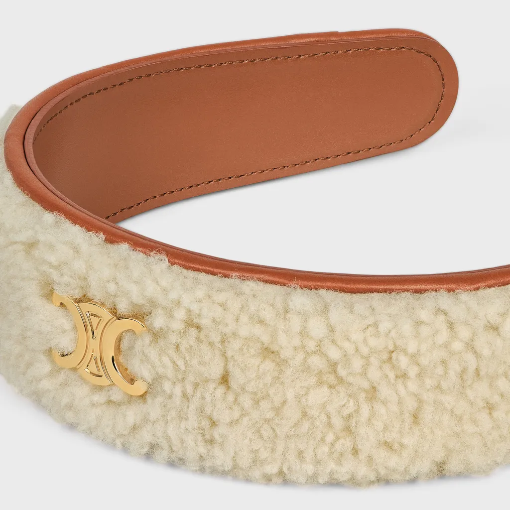Triomphe Headband In Shearling, Calfskin And Brass With Gold Finish