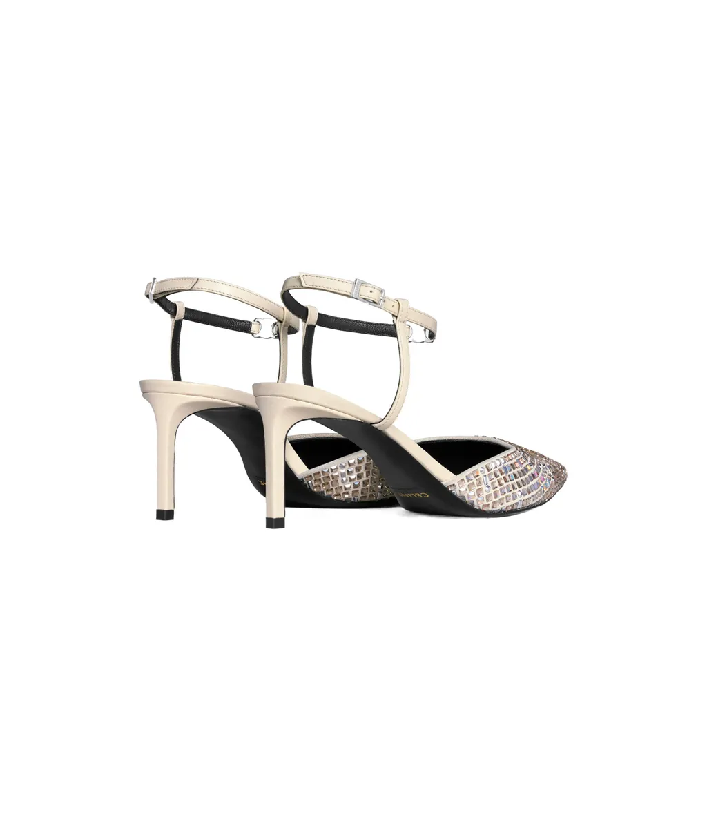 Kitten Strap Pump In Suede Goatskin With Strass & Lambskin