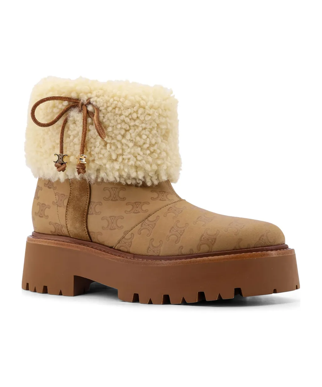 Bulky Cropped Triomphe Boot In Suede Stamped Calfskin And Shearling