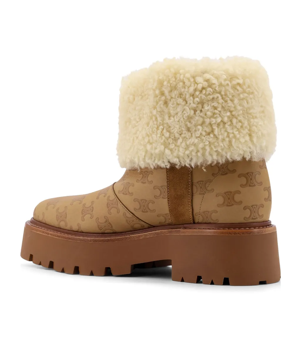 Bulky Cropped Triomphe Boot In Suede Stamped Calfskin And Shearling