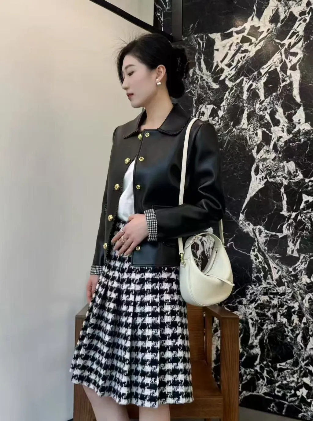 Pleated Skirt In Houndstooth Wool Natté