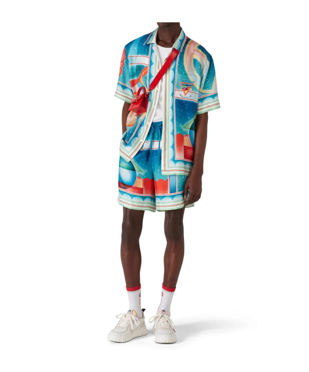 Galaxy Court Geometric-Print Silk Shirt