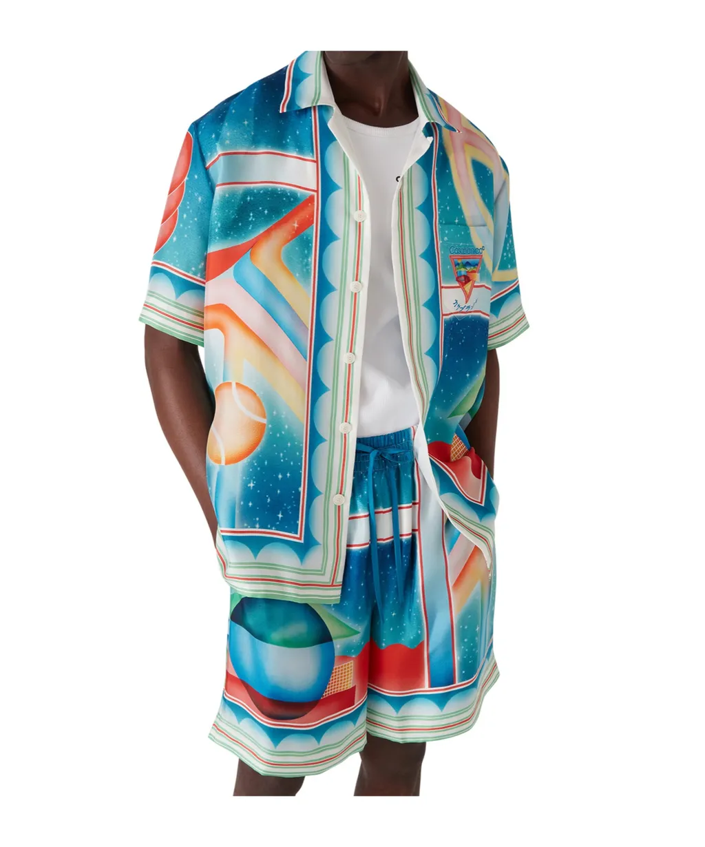 Galaxy Court Geometric-Print Silk Shirt