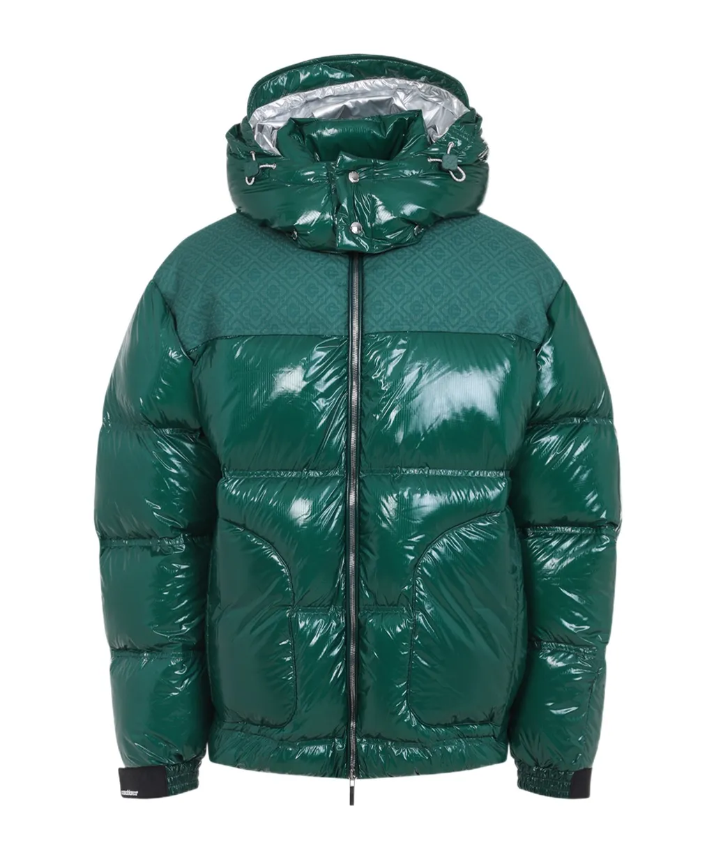 High-Shine Patterned-Panel Puffer Jacket