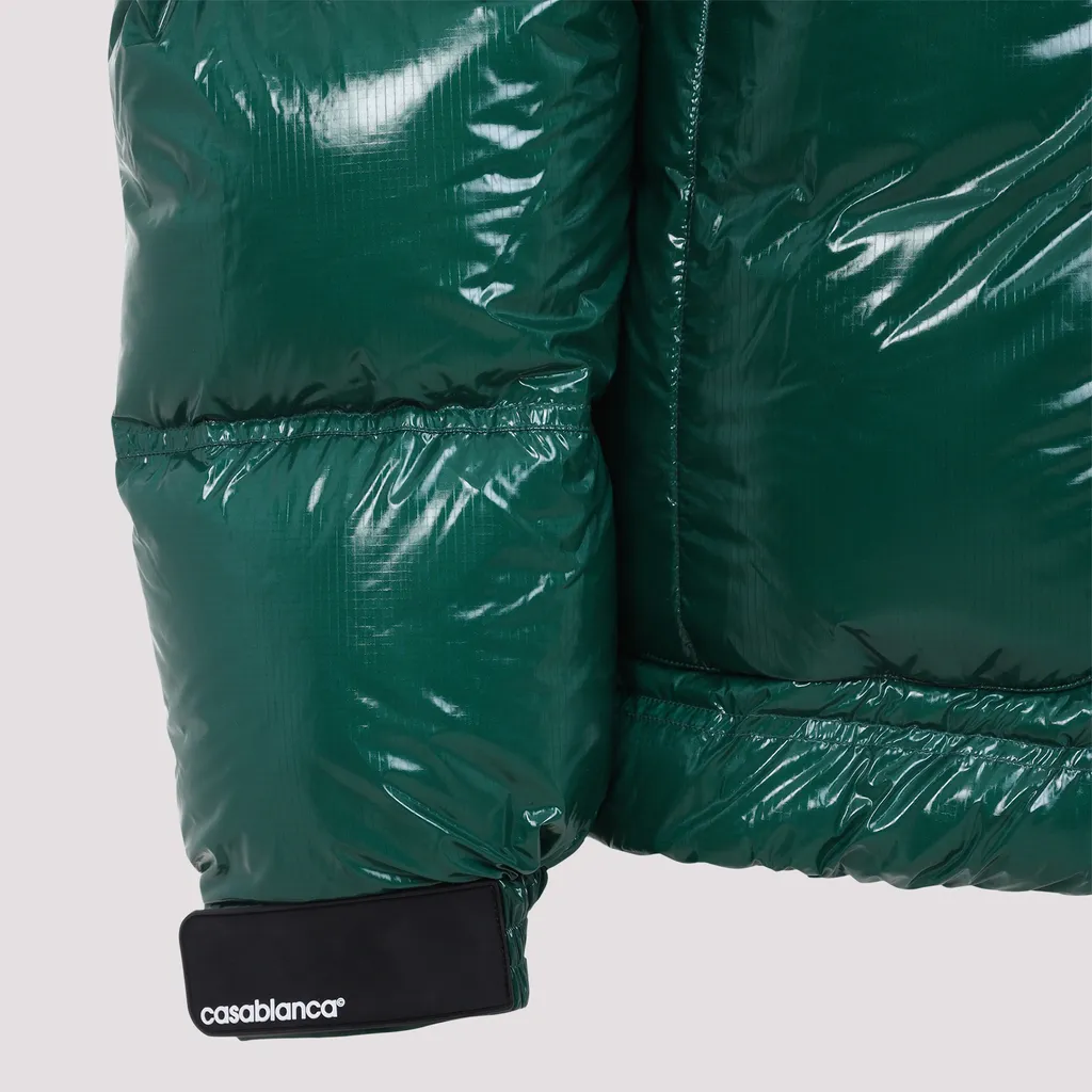 High-Shine Patterned-Panel Puffer Jacket