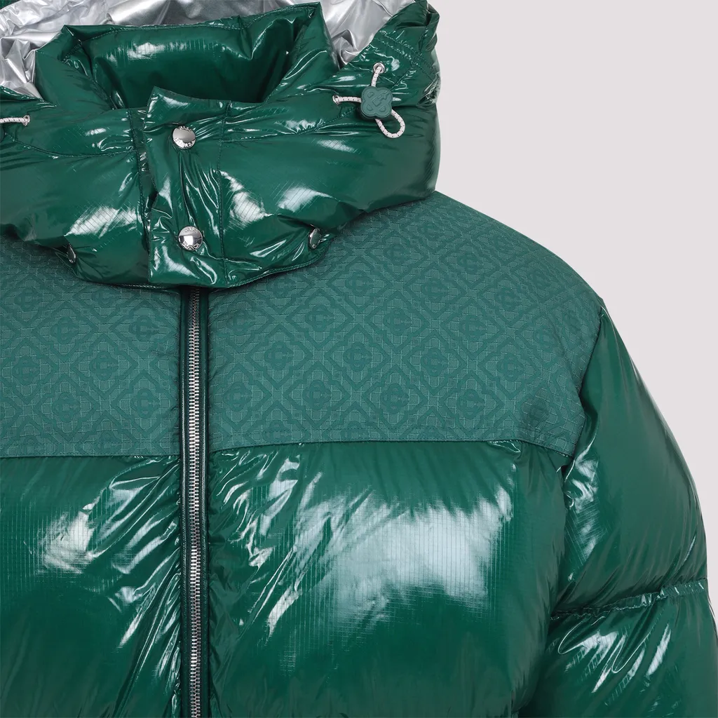 High-Shine Patterned-Panel Puffer Jacket