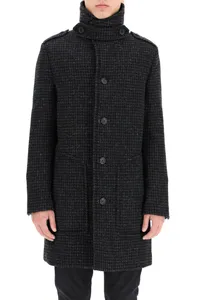 Shearling-Collar Check Wool Coat