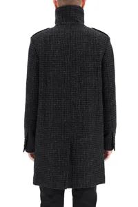 Shearling-Collar Check Wool Coat