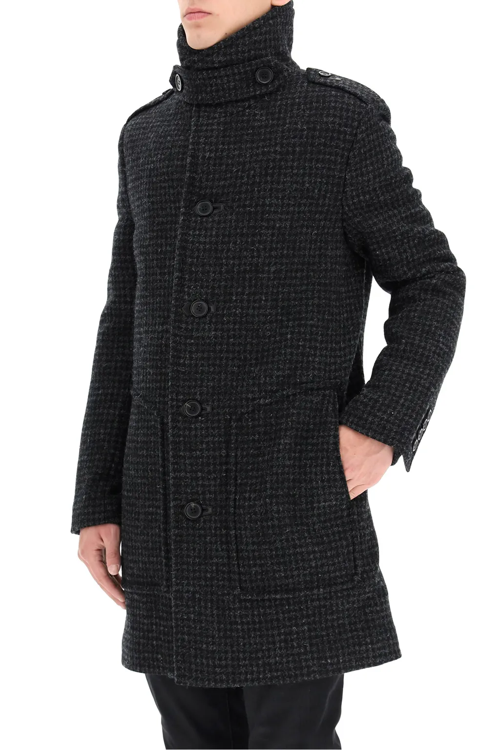 Shearling-Collar Check Wool Coat