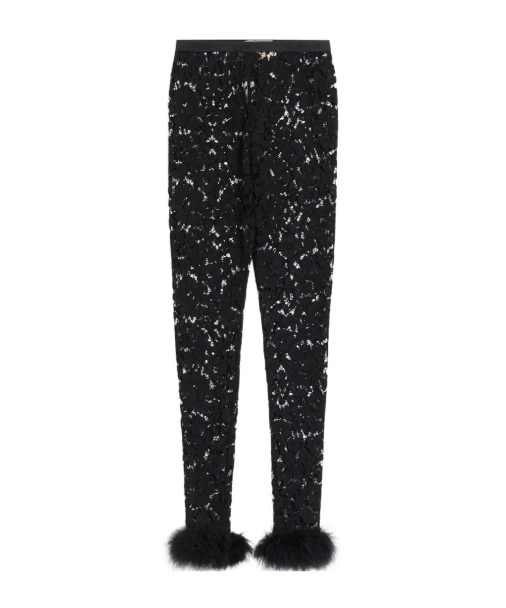 Lace Trousers With Feather Trim