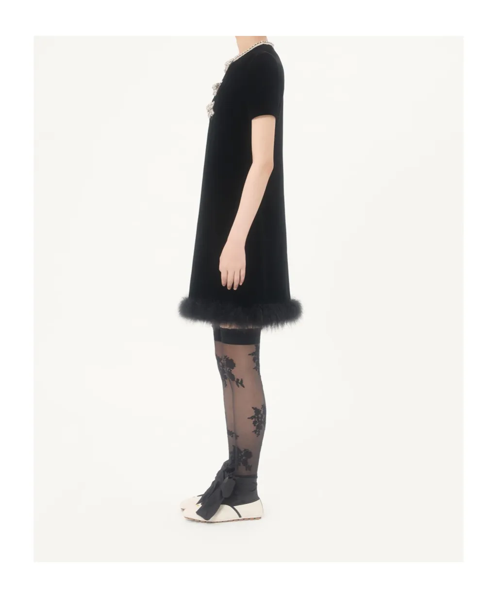 Short-Sleeved Dress With Bows And Feathers