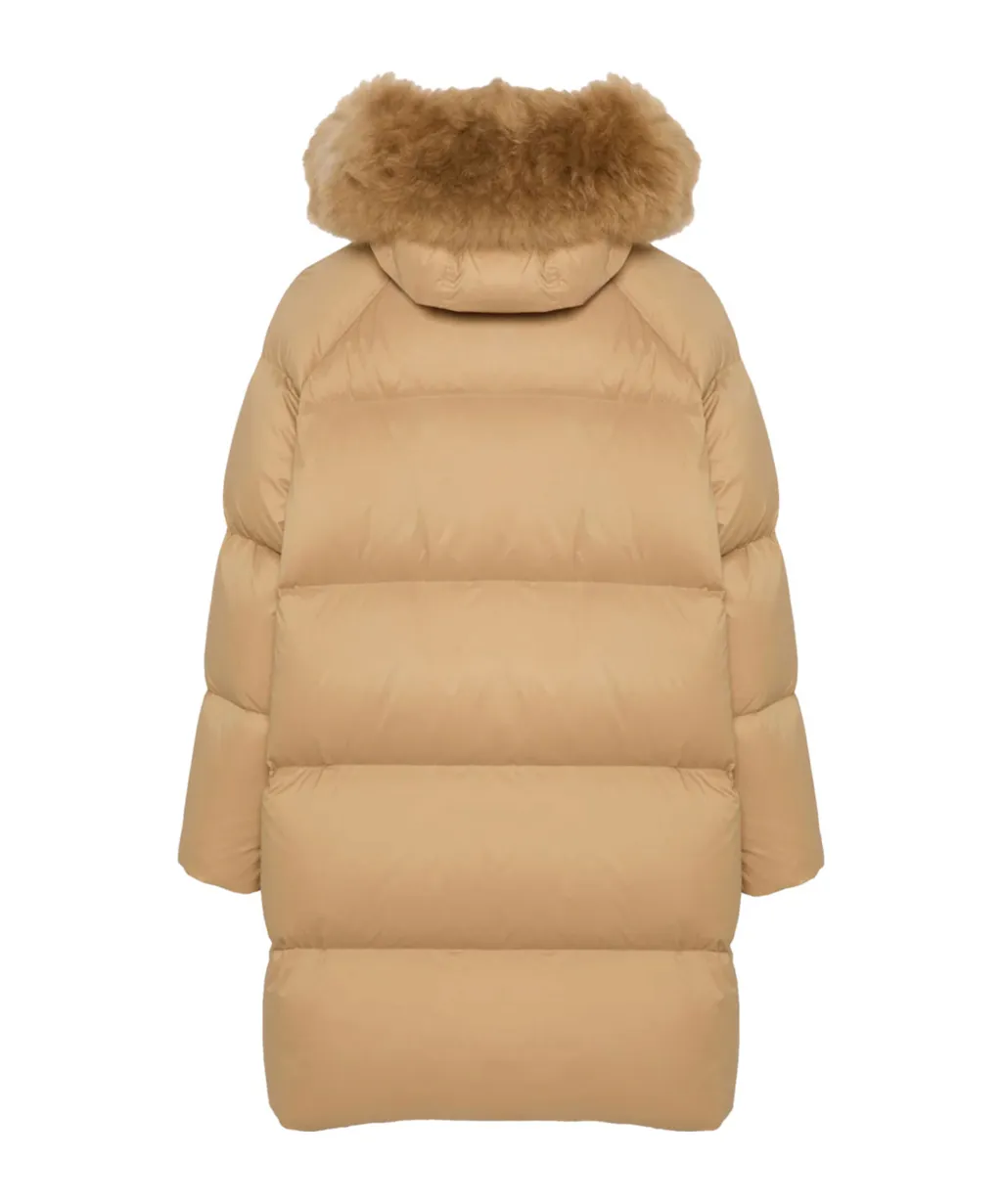 Long Down Jacket With Raglan Sleeves And Fluffy Lambswool Trim