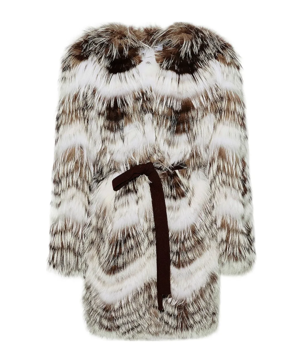 Belted Coat In Merino Knit And Fox Fur