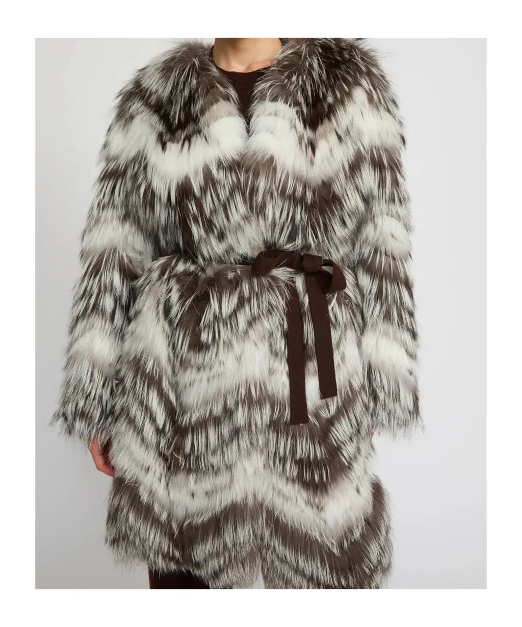 Belted Coat In Merino Knit And Fox Fur