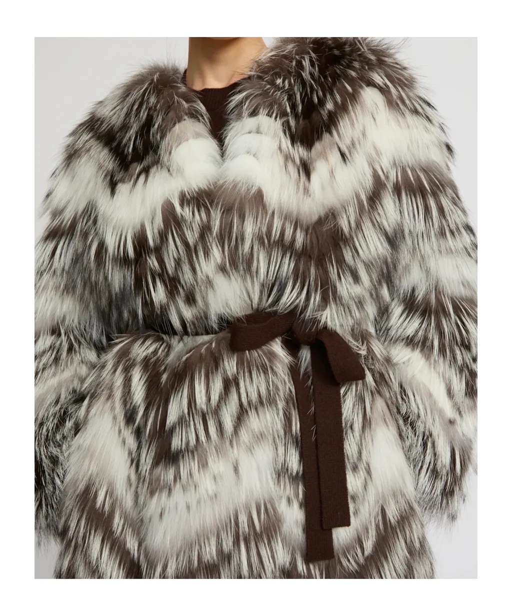 Belted Coat In Merino Knit And Fox Fur