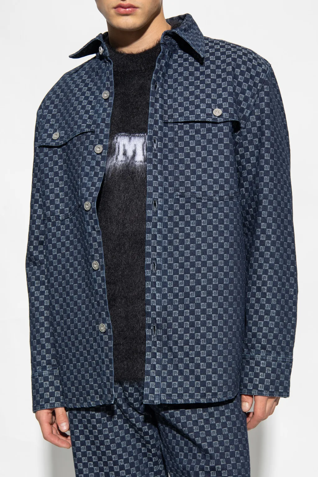 Monogram Jacquard Curved Hem Denim Shirt
