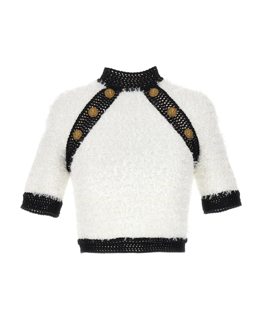 Button-Embellished Tweed Crop Top