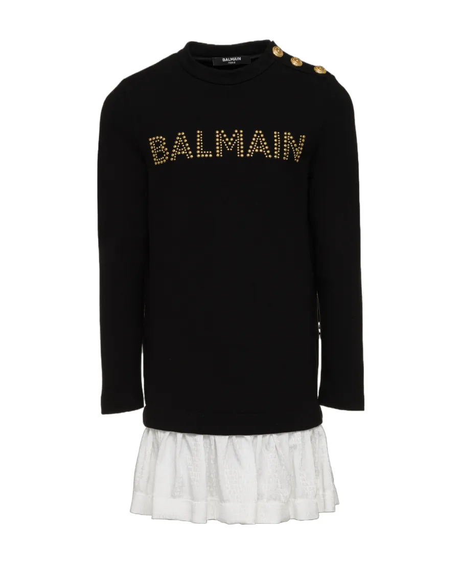 Ruffled Hem Logo Embellished Sweatshirt Dress