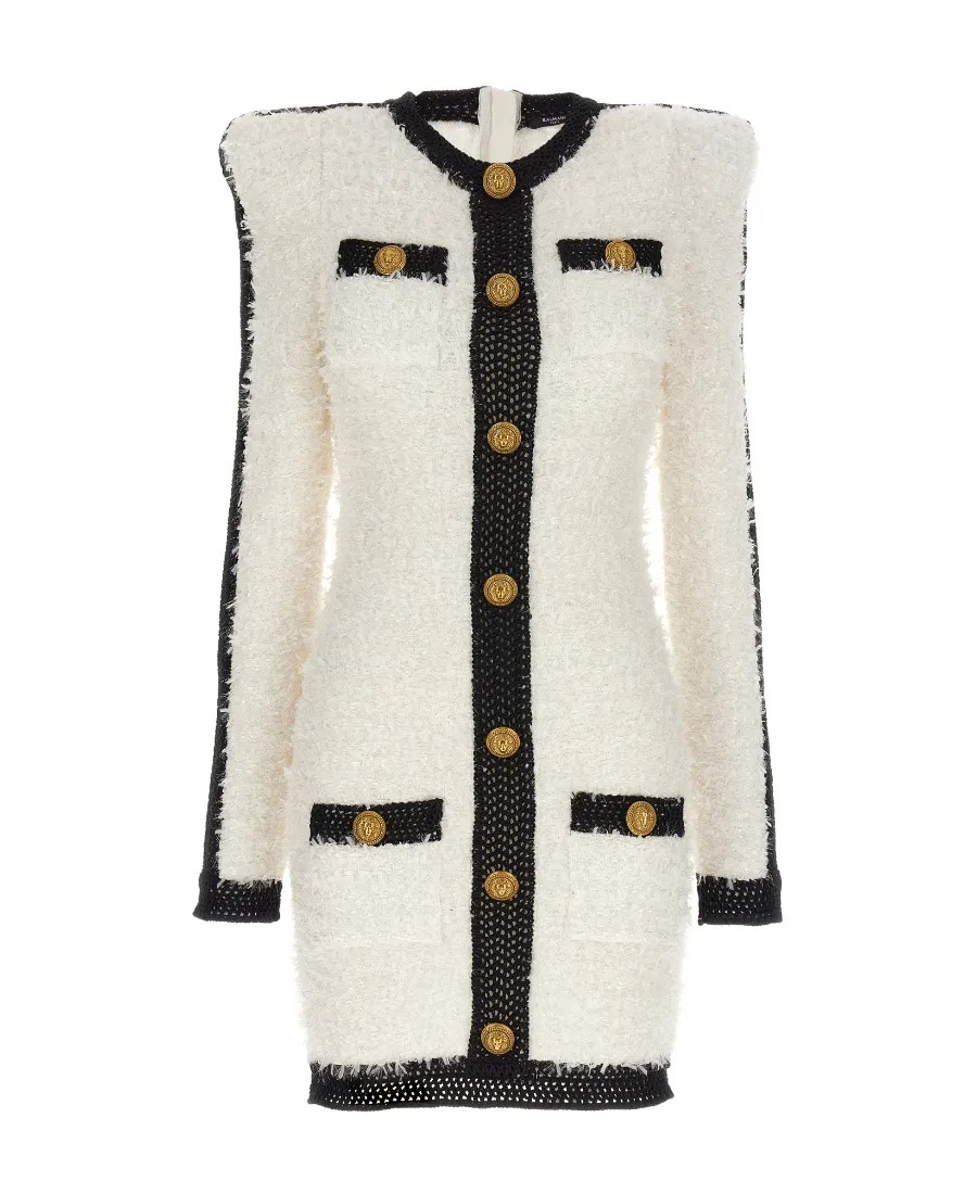 Logo Button Tweed Dress