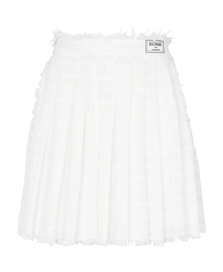 Logo Patch Pleated Tweed Mini Skirt