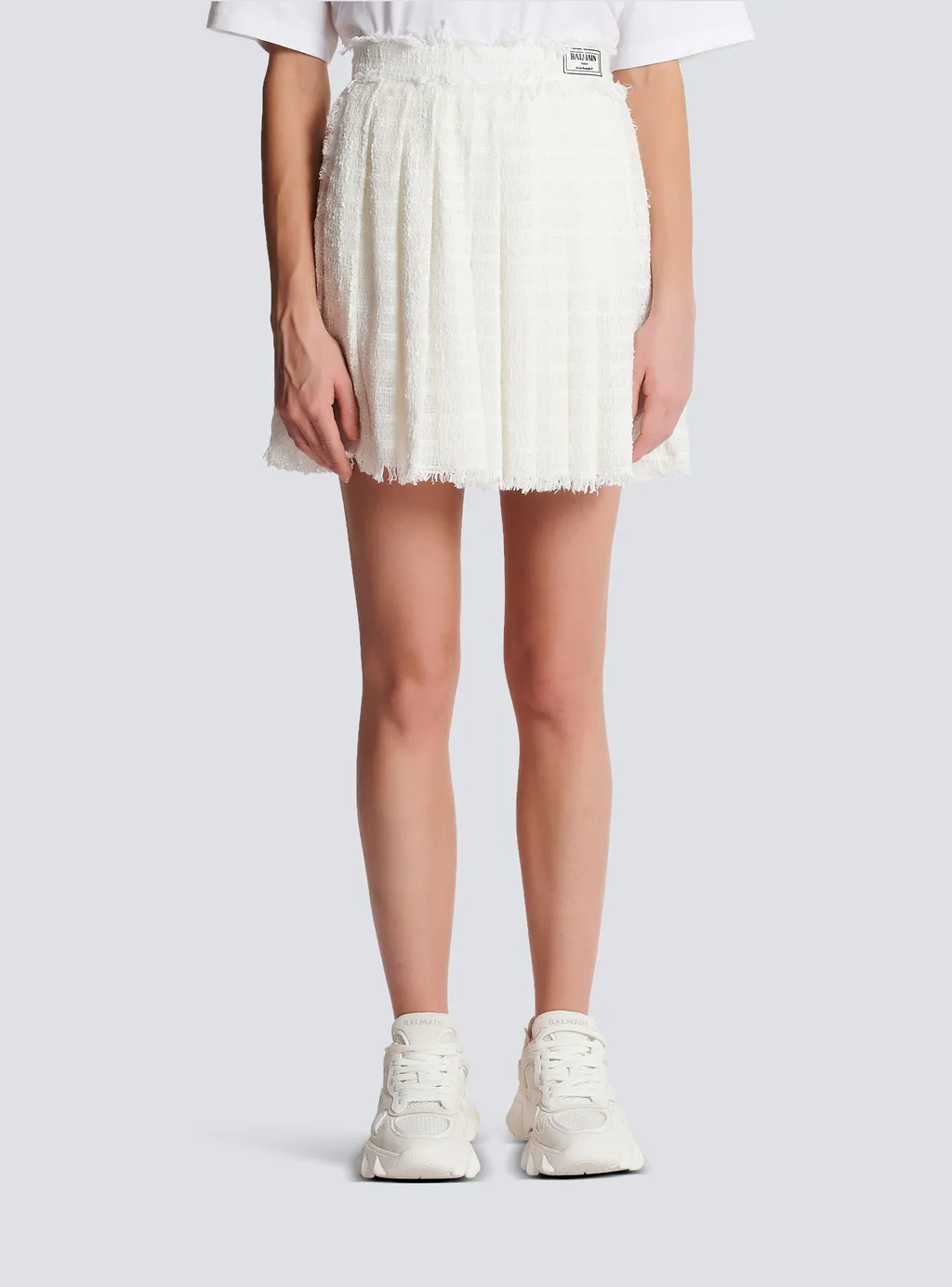 Logo Patch Pleated Tweed Mini Skirt