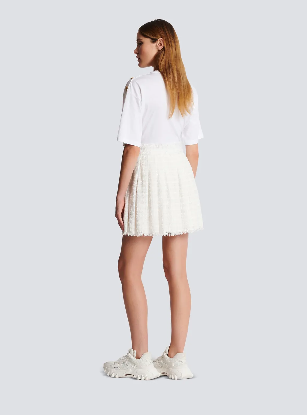 Logo Patch Pleated Tweed Mini Skirt