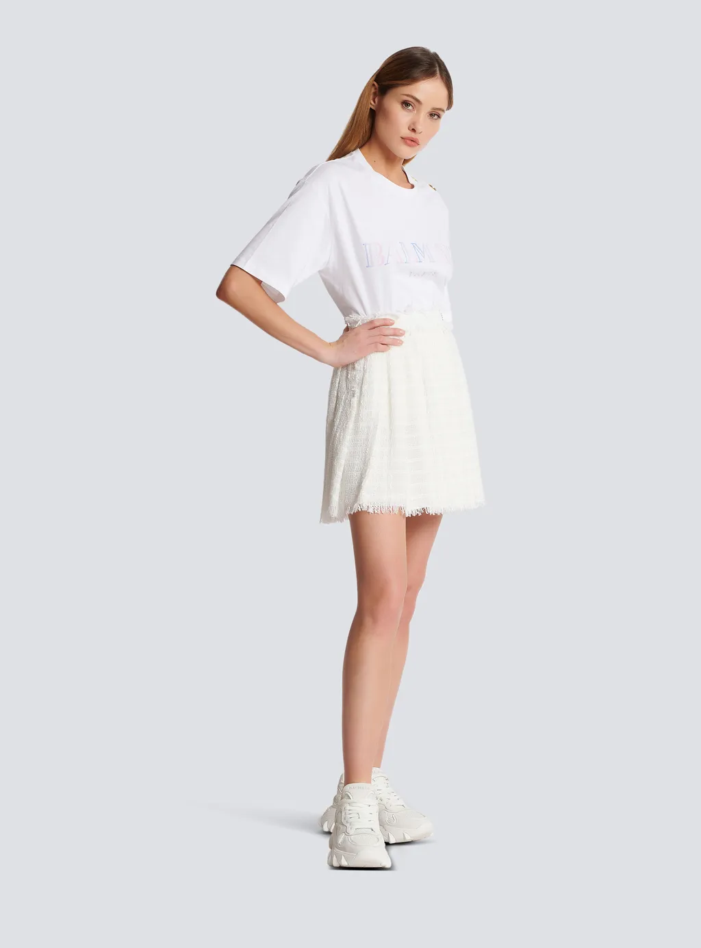 Logo Patch Pleated Tweed Mini Skirt