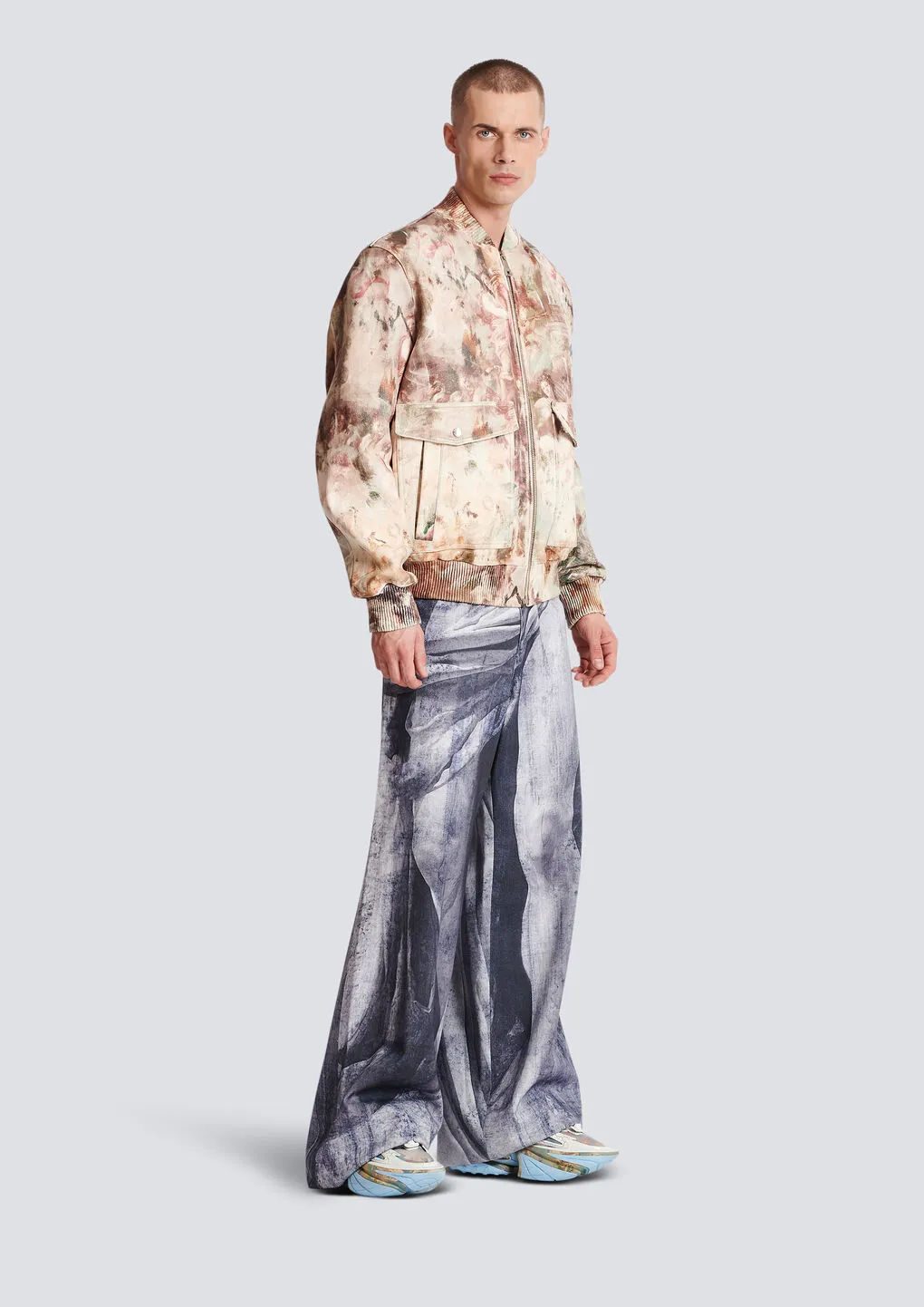 Pastel Print Leather Bomber Jacket
