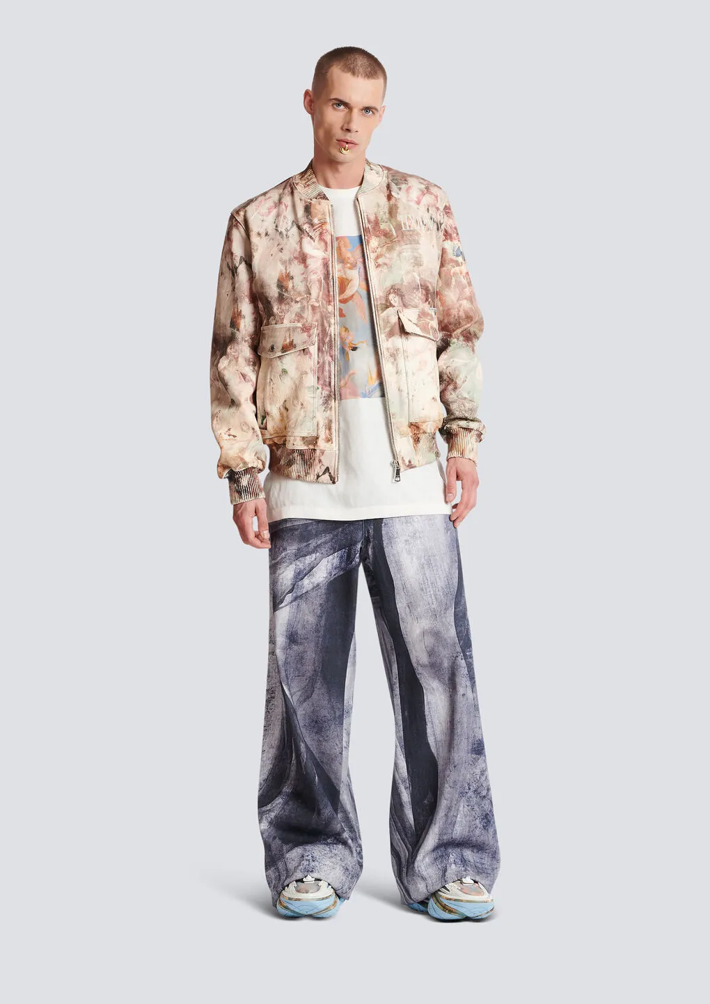Pastel Print Leather Bomber Jacket