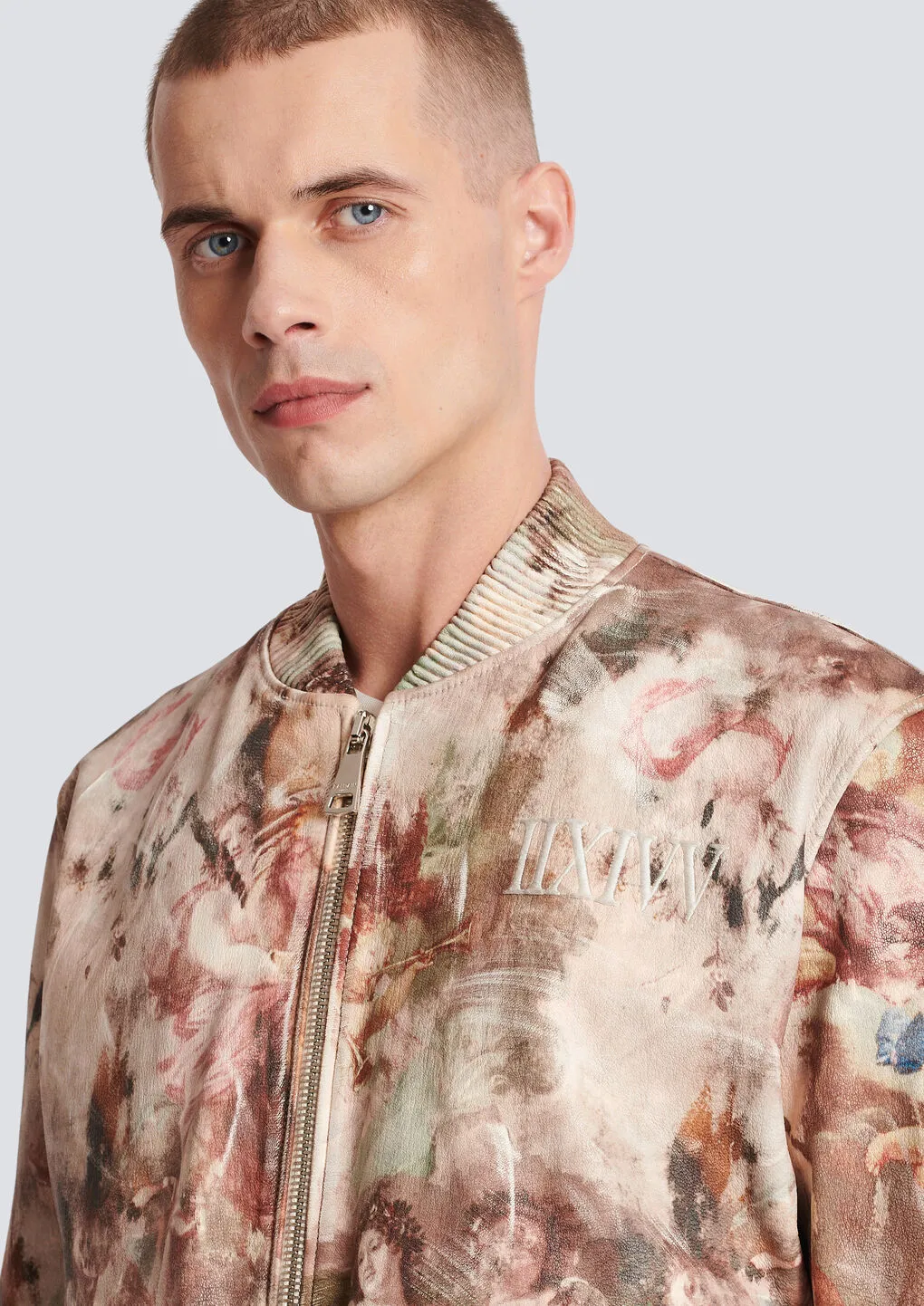 Pastel Print Leather Bomber Jacket