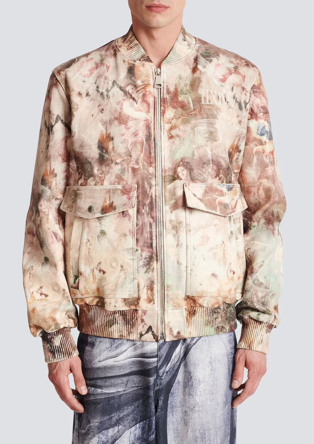 Pastel Print Leather Bomber Jacket