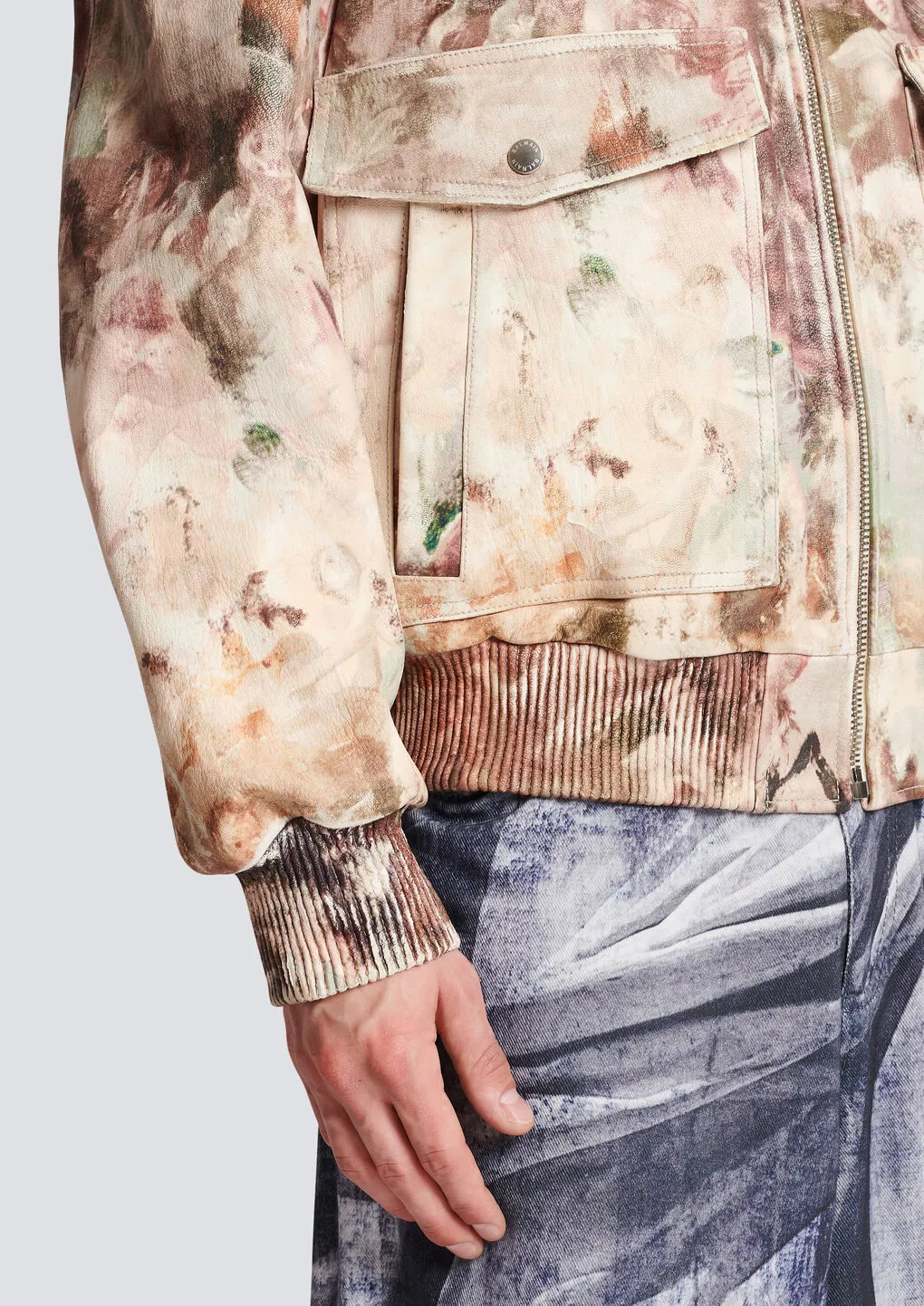 Pastel Print Leather Bomber Jacket