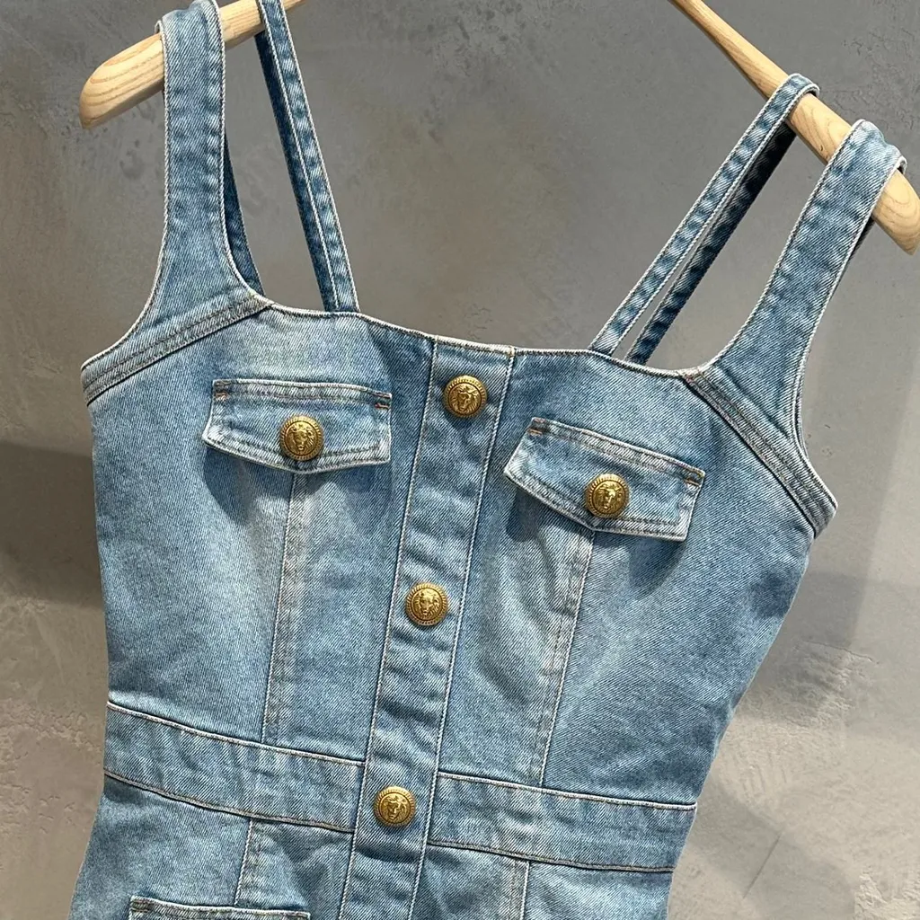 Button Detailed Sleeveless Denim Dress