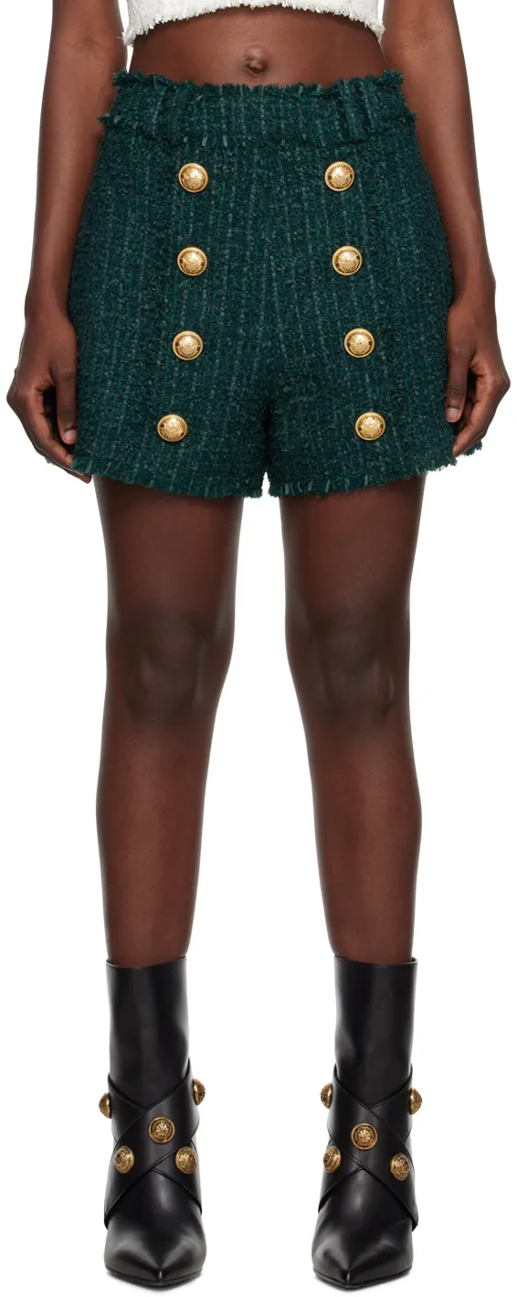 High-Waist Button-Detailed Tweed Shorts