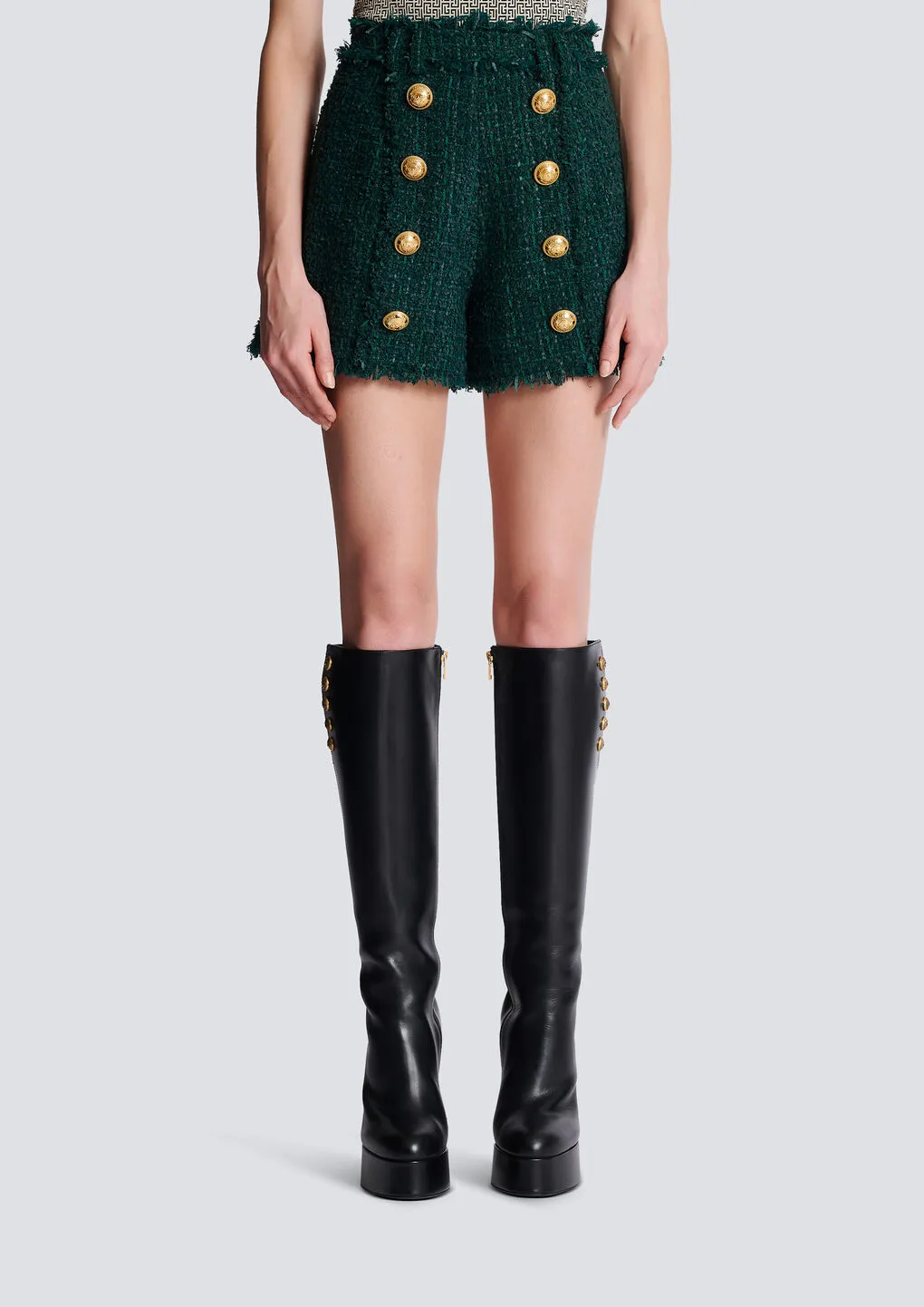 High-Waist Button-Detailed Tweed Shorts