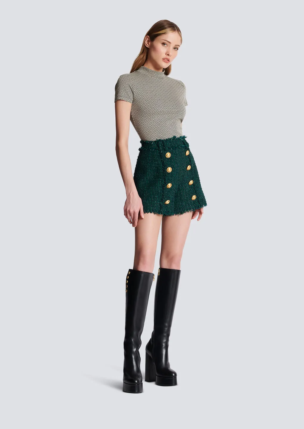 High-Waist Button-Detailed Tweed Shorts