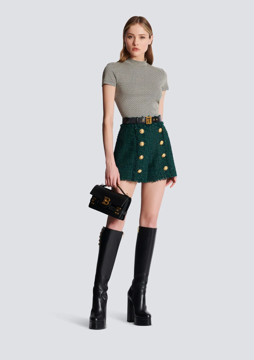 High-Waist Button-Detailed Tweed Shorts