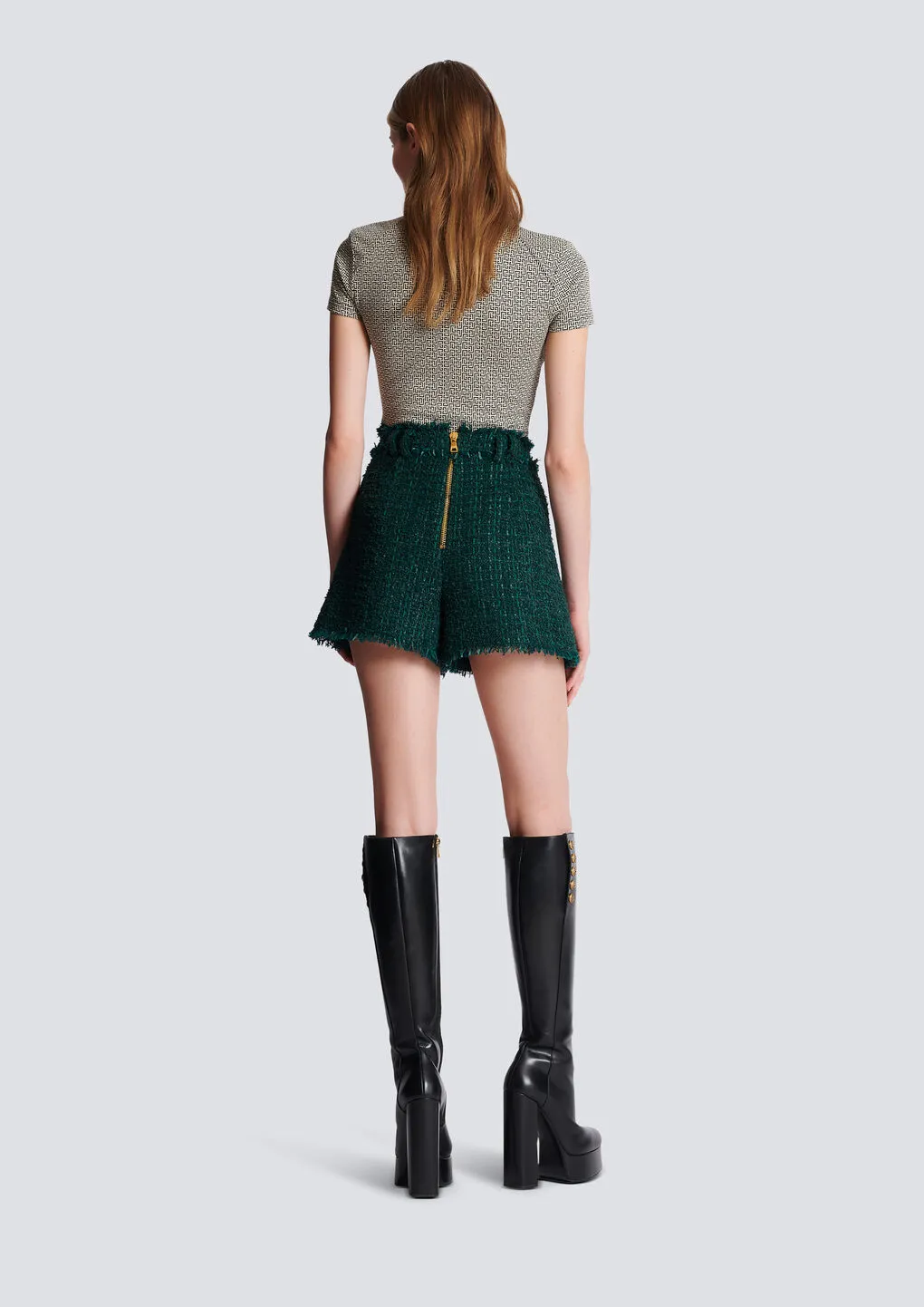 High-Waist Button-Detailed Tweed Shorts