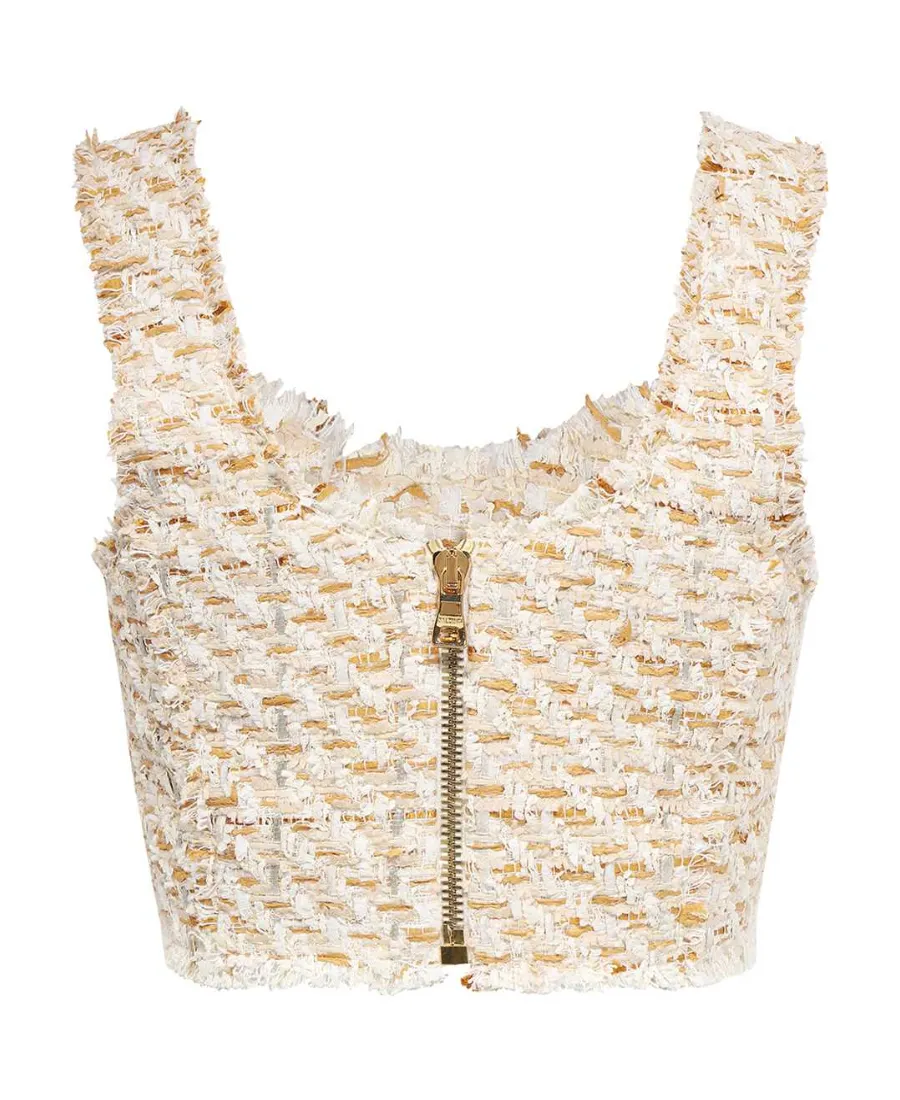 Button-Embellished Tweed Cropped Top