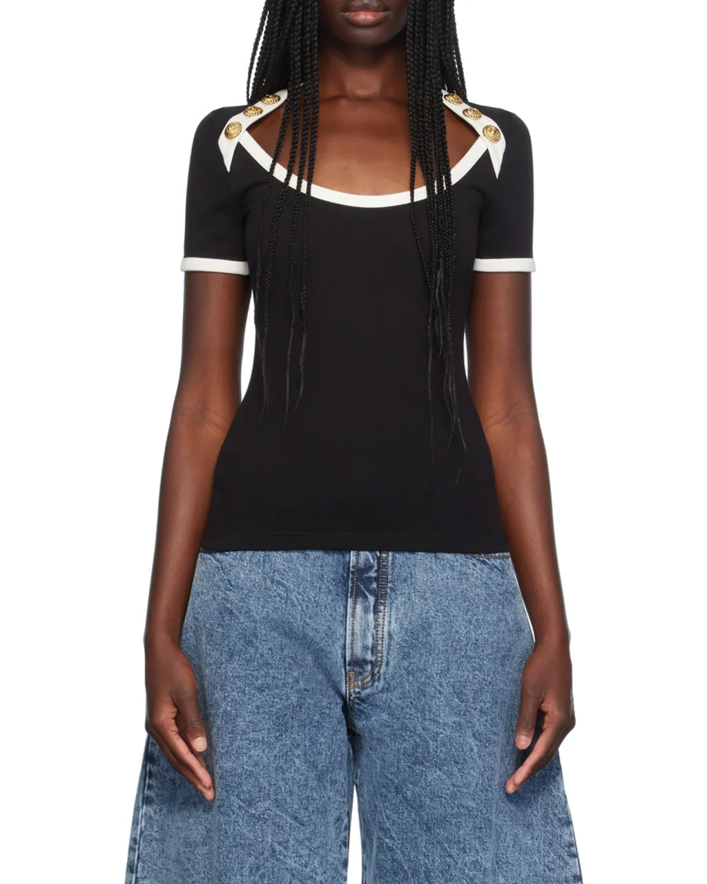 Button Embellished Two-Toned T-Shirt