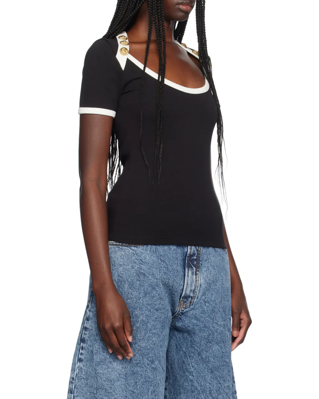Button Embellished Two-Toned T-Shirt