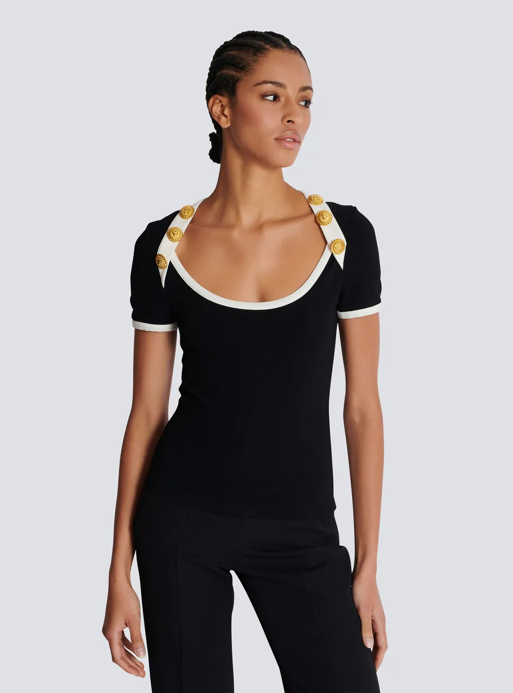 Button Embellished Two-Toned T-Shirt