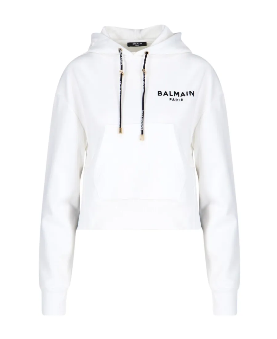 Flocked Logo Drawstring Cropped Hoodie