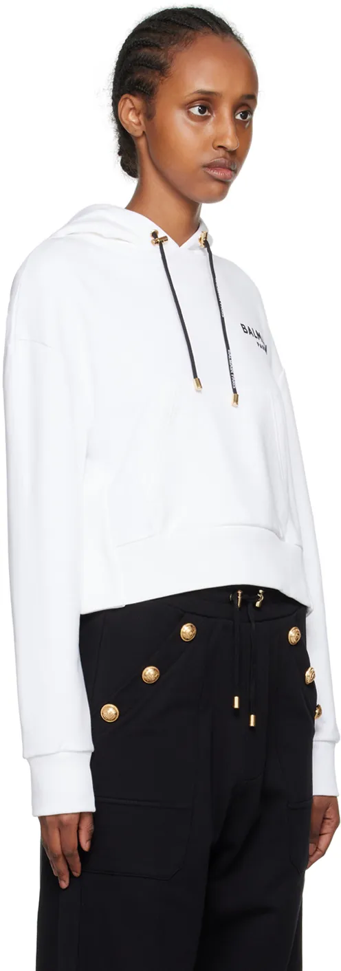 Flocked Logo Drawstring Cropped Hoodie