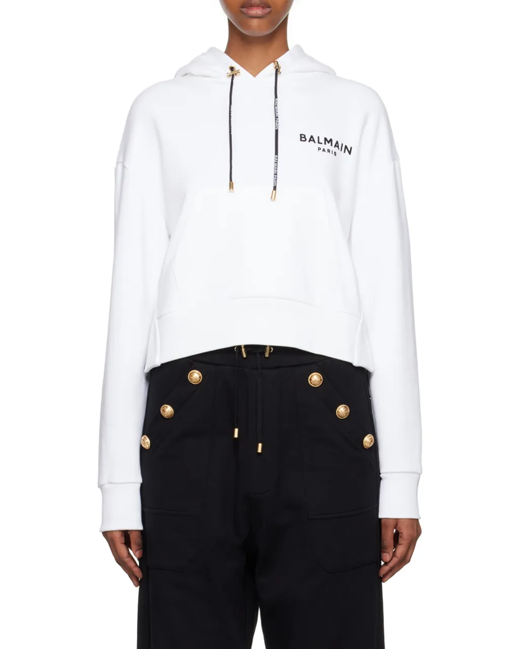 Flocked Logo Drawstring Cropped Hoodie
